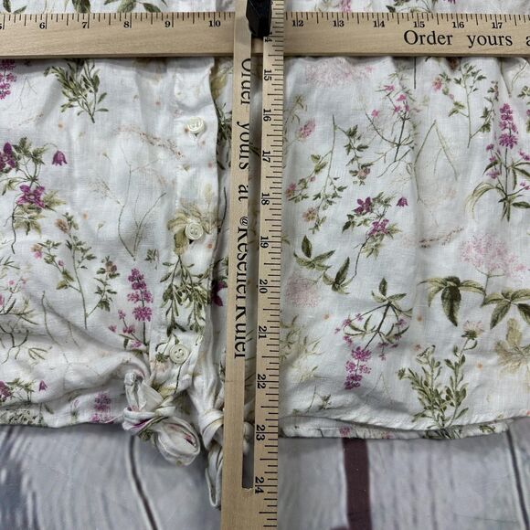 Saks Fifth Avenue Shirt Womens Medium White Floral Linen Button Front Blouse - Picture 8 of 9
